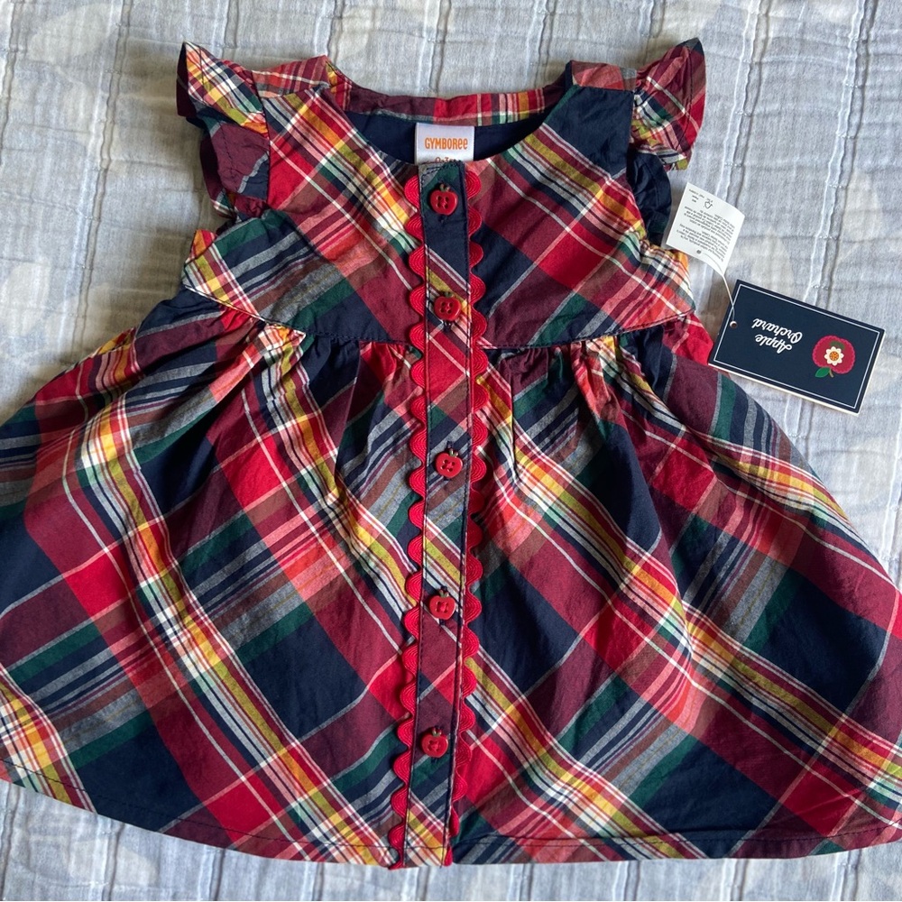 Gymboree Dress Apple Orchard Buttons Plaid Poplin Rick Rack Fall 0-3 months NWT